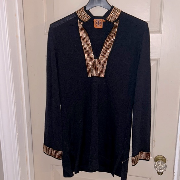 TORY BURCH sz S 100% navy wool FLAWS w/ gold bead adornments - damaged condition - Picture 1 of 8